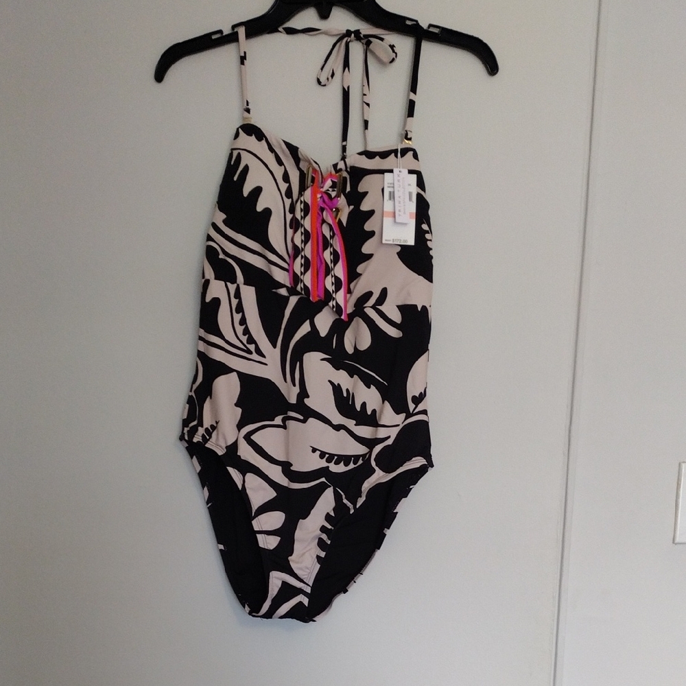 Trina Turk Kids Black & Cream Floral One-Piece Swimsuit with Pink Tie Detail